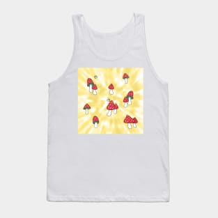 Aesthetic Red Hatted Mushrooms and Butterflies on a Yellow Pastel Tie Dye Background Tank Top